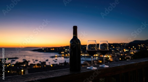 A bottle of red wine and two glasses overlooking a coastal town at sunset with glowing lights