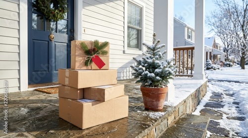 Stack of holiday delivery boxes and a small snow-covered pine tree on a front porch in winter
