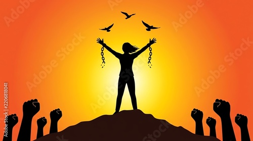 Woman Breaking Chains of Oppression Standing on Hill with Raised Fists Background