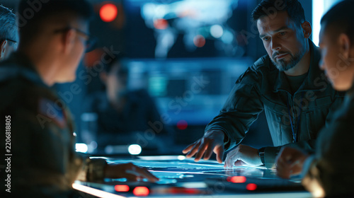 Faceless military officers standing around a illuminated map table, discussing troop movement strategy in a dark operations room, with copy space