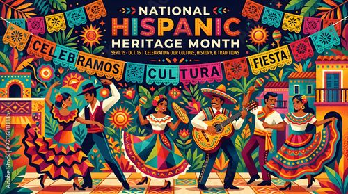 Hispanic Heritage Fiesta: A vibrant illustration celebrating Hispanic Heritage Month with colorful banners, dancing figures in traditional attire, and festive music.