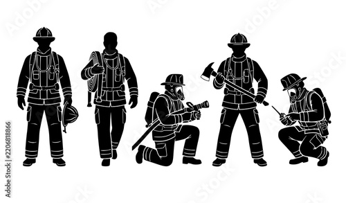 Firefighter action poses silhouette collection emergency rescue worker vector illustration