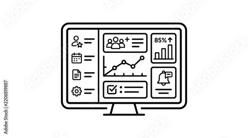 Isolated computer dashboard with graphs and icons on transparent background