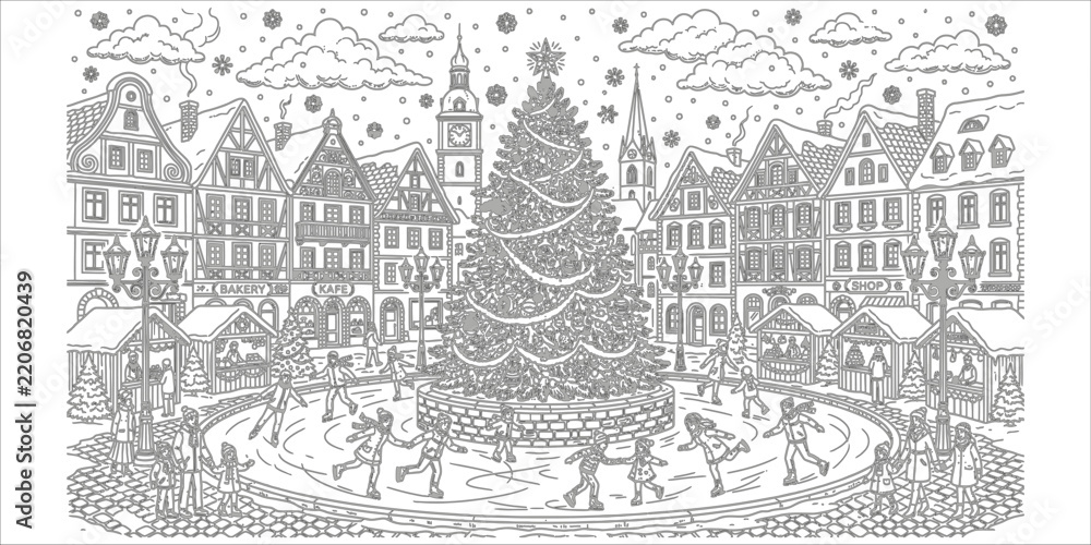 Obraz premium A detailed black and white line art illustration featuring a festive christmas tree in a european town square