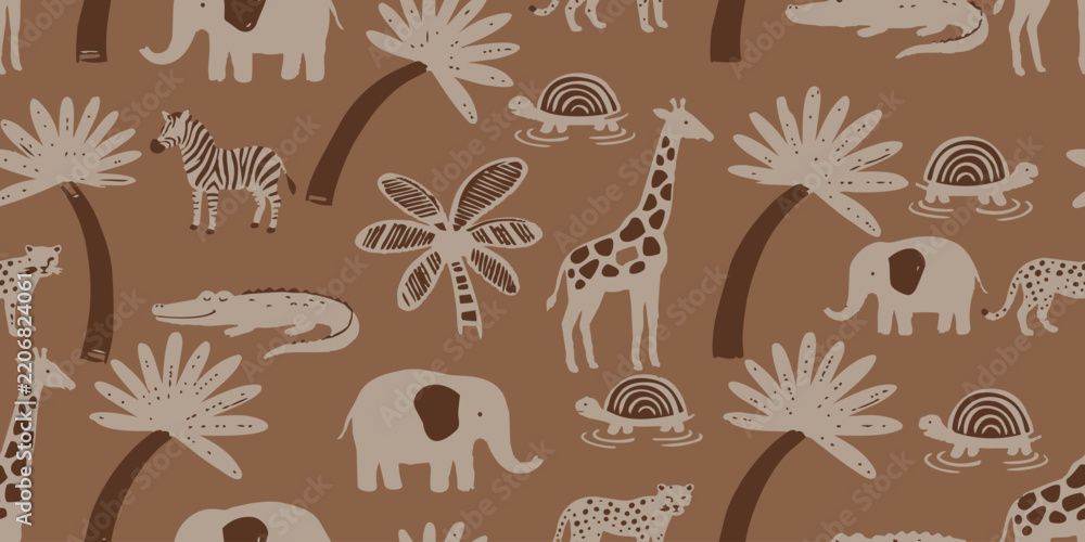 Fototapeta premium Seamless wildlife pattern with giraffe, zebra, elephant, crocodile, turtle and palm trees in warm brown and beige tones, handdrawn style for nursery textiles, wallpaper.