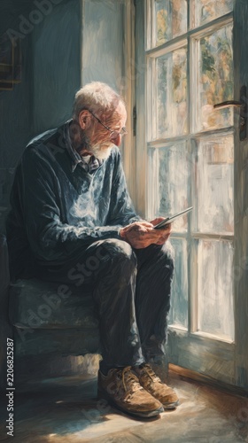Elderly man sitting by a bright window while reading on a digital tablet in a quiet home setting