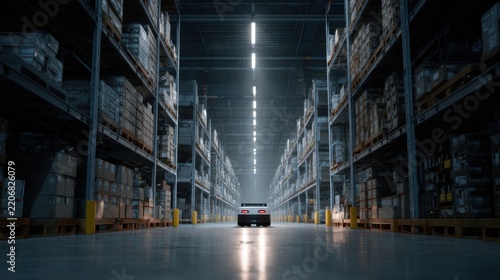 Autonomous delivery robot moving through a vast industrial warehouse with tall storage shelving