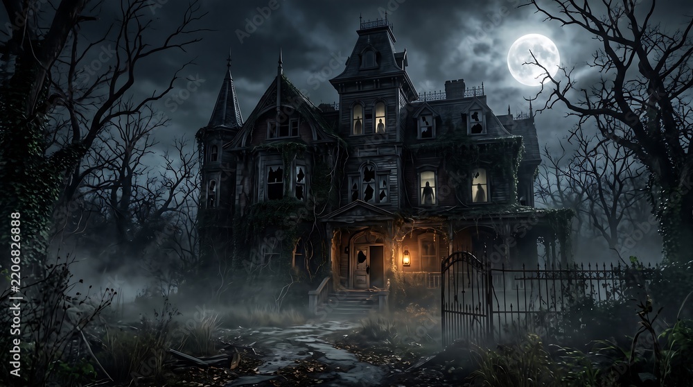 Obraz premium An eerie abandoned Victorian mansion at night under a full moon with spooky fog and glowing lantern light.
