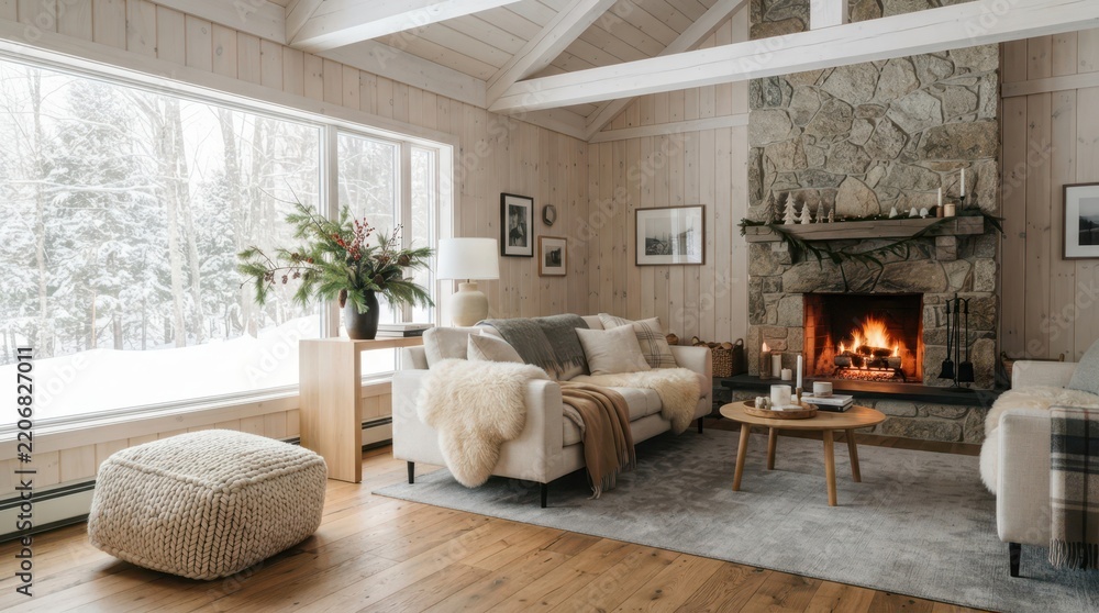 Obraz premium Cozy Fireside Retreat: A warm and inviting living room features a crackling stone fireplace, comfortable sofas, and large windows showcasing a snowy landscape, creating a perfect winter sanctuary.