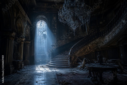 Spooky Halloween Haunted Mansion Interior with Grand Staircase and Moonlight Glowing Through Window