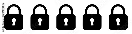 Five black padlocks in row set with simple line art design featuring sketches, drawings, vector graphics with minimalist and simple illustrations
