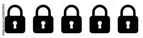 Five black padlocks in row set with simple line art design featuring line art, illustrations, graphic resources with vector and design elements