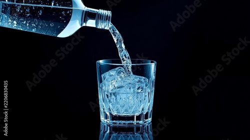Clear water pours into a glass with ice cubes