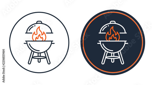 Barbecue grill vector icons with fire flames and lids displayed inside circular sticker badges