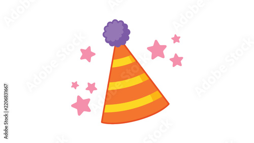 Vibrant orange party hat decorated with yellow stripes and festive purple pompom illustration graphic