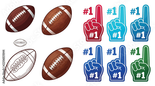 American football stickers and foam finger number one icons isolated on white background