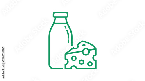 Green linear icon of milk bottle and cheese wedge representing dairy products and food