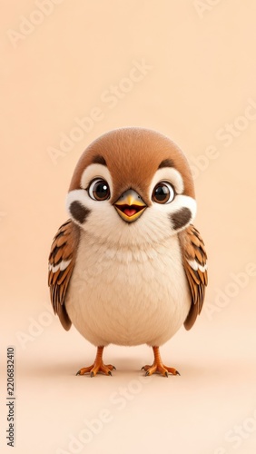 Cute 3D Rendered Baby Sparrow Bird with Big Eyes and Fluffy Brown Feathers Standing on a Soft Beige Studio Background for Children Illustration and Digital Art