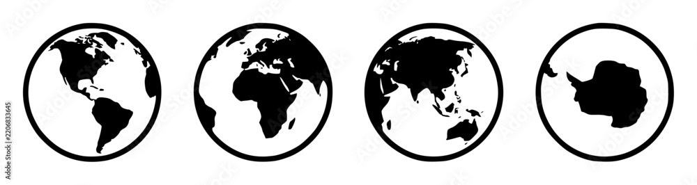 Obraz premium Four globe icons displayed horiz… set with simple line art design featuring outline, illustration, graphic elements with clean design and vector art