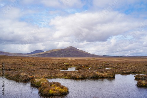 Forsinard Flows, a national nature reserve in the Scottish highlands. Forsinard Flows is part of the Flow Country, which is a large, rolling expanse of peatland and wetland in Caithness