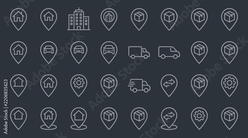 Logistics and location pin icons on dark background.
