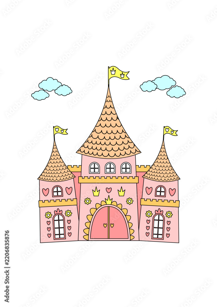 Fototapeta premium Enchanted pink princess palace with heart decorations. Whimsical fairytale mansion graphic asset.