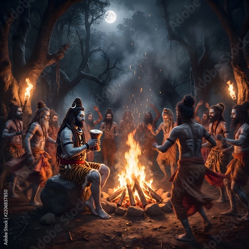 Lord shiva playing damaru drum surrounded by dancing devotees around campfire in night forest