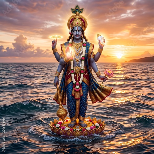 Lord vishnu standing on a lotus flower in the ocean during a golden sunset divine manifestation