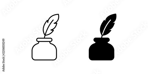 Feather pen and inkwell icons set in minimalist graphic design style presented on transparent background