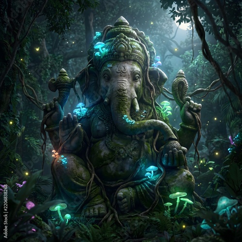 Mystical stone ganesha statue resting in a dark enchanted forest with glowing blue mushrooms