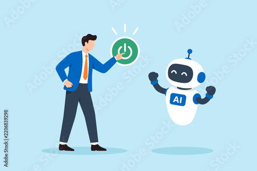 Flat illustration businessman activating AI agent automatic work workflow automation business productivity