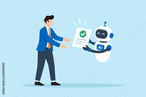 Flat illustration businessman receiving finished work AI assistant task completion automation human robot collaboration