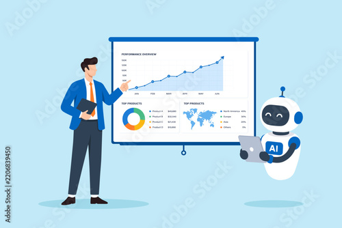 Flat illustration businessman training AI assistant business information machine learning data analysis