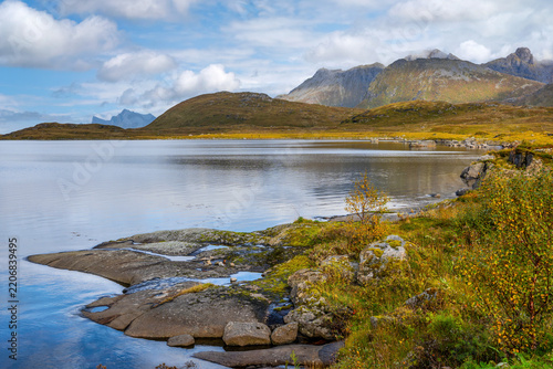 Scenic autumn landscape at Selfjord with mountains and calm water in Lofoten, Norway
40 Keywords:
