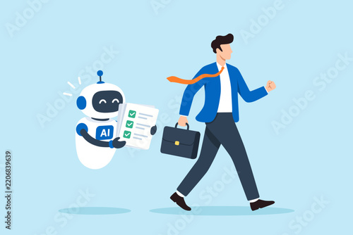 Flat illustration AI assistant following businessman work instructions task completion workflow automation human robot collaboration