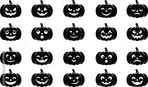 Cute Halloween pumpkin faces collection, expressive jack o lantern characters, spooky carved pumpkins, funny emotions, festive line art clipart set