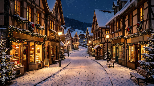 Charming Snowy Village Street Decorated for Christmas During Winter Night
