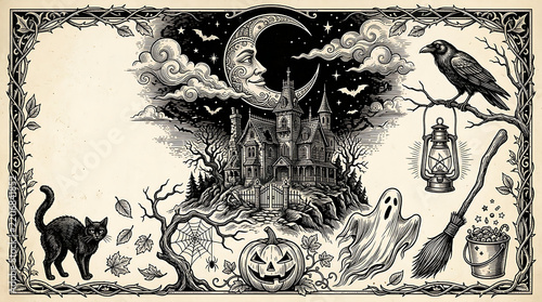 Vintage Halloween Illustration Featuring Haunted Mansion and Spooky Night Elements