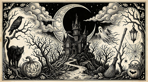 Detailed Gothic Illustration of a Haunted House on a Spooky Halloween Night