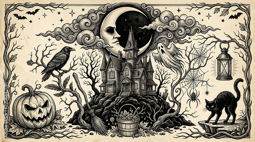 Vintage Engraving Halloween Landscape with Haunted House and Crescent Moon