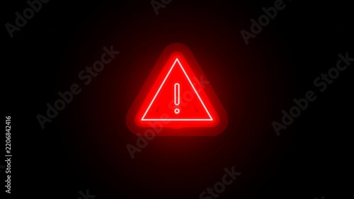 An extremely bright, 3x intensity glowing neon red warning attention icon. Features a hollow exclamation mark inside a rounded triangle with additive blending for maximum luminance and realistic flick