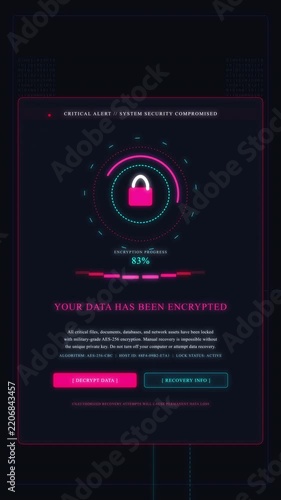 Cyber security data breach warning with lock icon and alert interface in motion graphic.