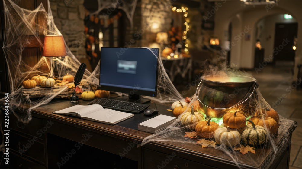 Obraz premium Halloween office desk computer cauldron pumpkin cobweb spooky decor Halloween office desk with computer cauldron pumpkin cobweb spooky decor warm