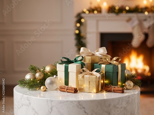 Cozy Christmas gift boxes on marble table, elegant holiday present arrangement, warm fireplace living room background