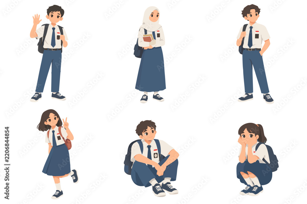 Fototapeta premium Indonesian Middle School Students Character Pose Set