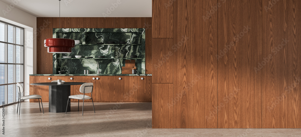 Obraz premium Contemporary wood kitchen interior with marble backsplash, dining table, pendant lighting, and refined architectural cabinetry design. 3D Rendering