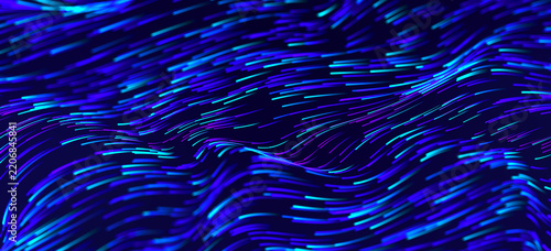 Abstract neon flowing light trails in blue and violet creating a dynamic futuristic digital background for technology and motion design. 3D Rendering