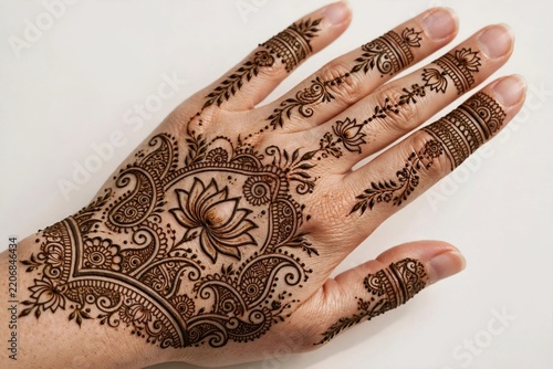 
Beautiful Lotus Flower Mehndi Design On Back Hand With Paisley Pattern And Lotus Finger Henna
