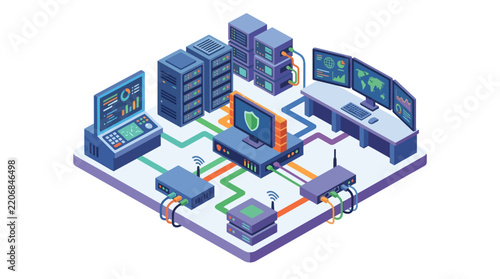 Isometric Control Room With Monitors And Server System