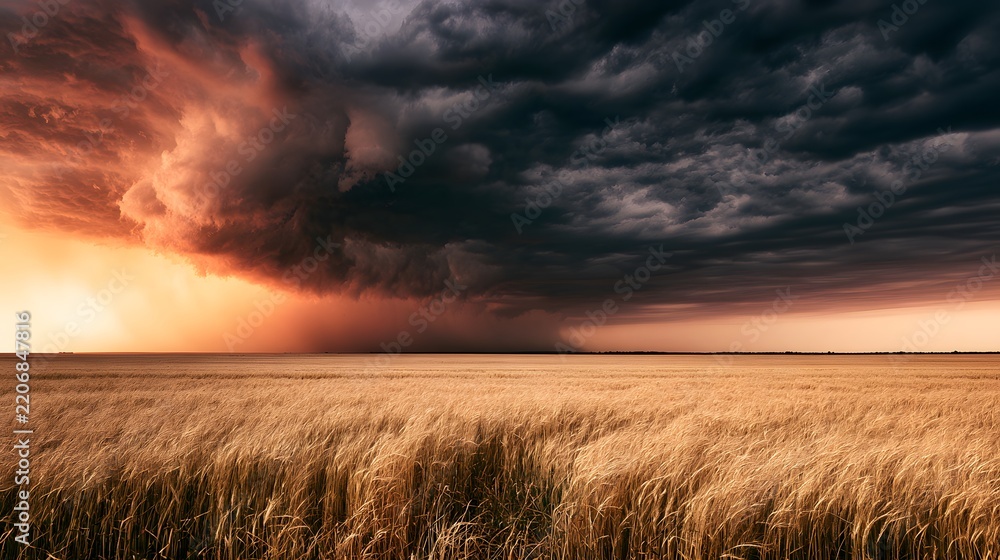Obraz premium Dark storm clouds over golden wheat field at sunset